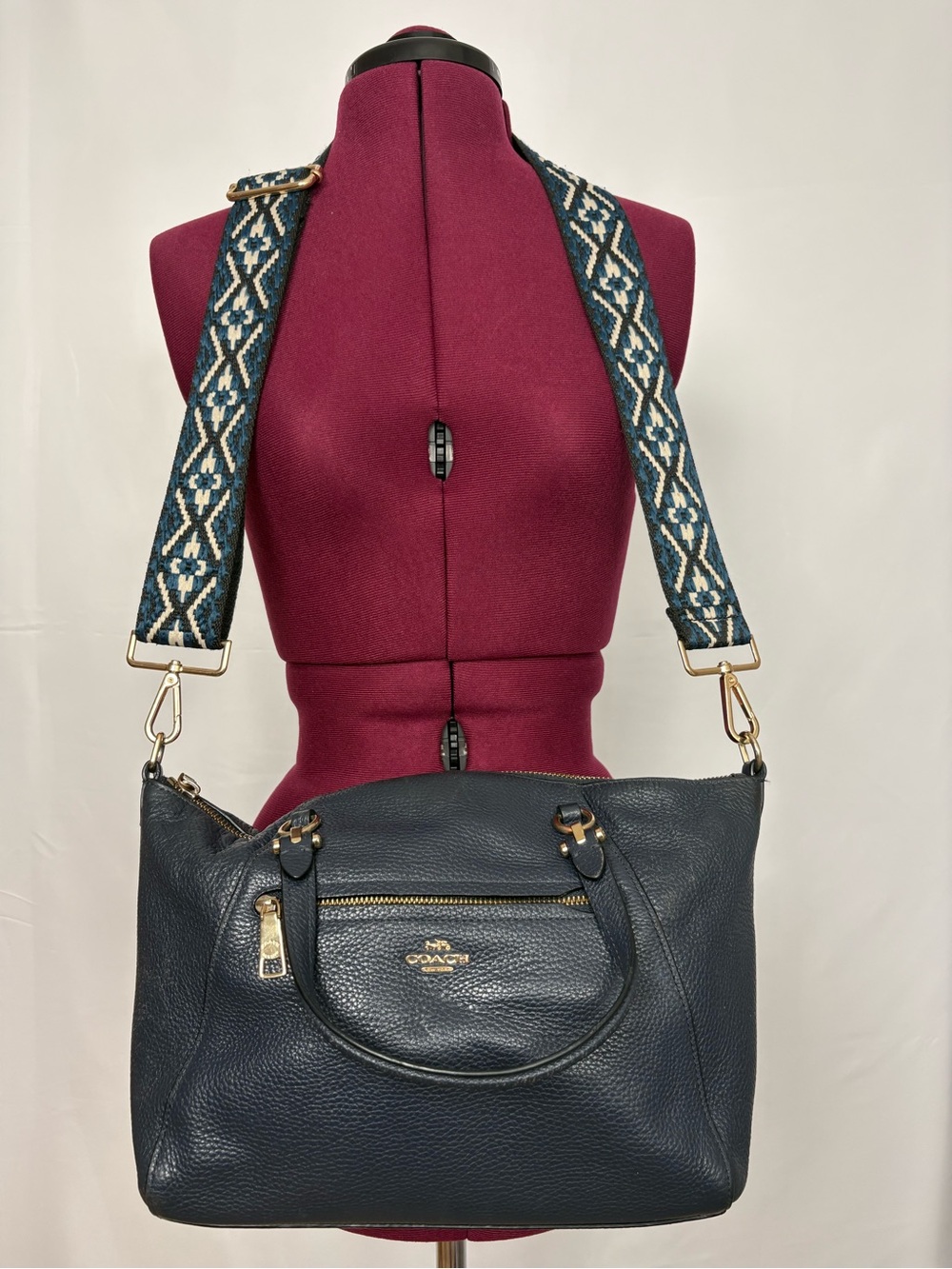 Coach Navy Pebble Leather Shoulder Bag with Patterned Detachable Strap